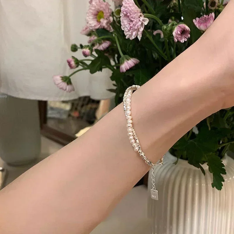 925 Sterling Silver Double Layer Pearl Bracelet for Women Girl Design Bead Korean Jewelry  Charm Bracelet