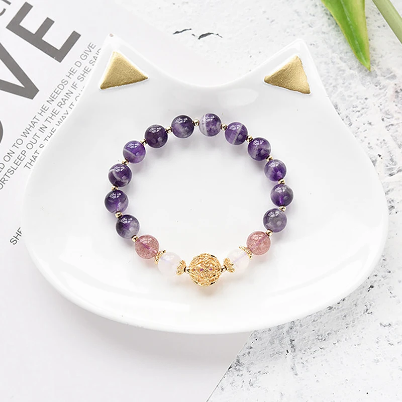 Gold Hollowed-out Bead Natrual Amethyst Strawberry Crystal White Moonstone Bracelet for Women Female Fine Jewelry YBR235