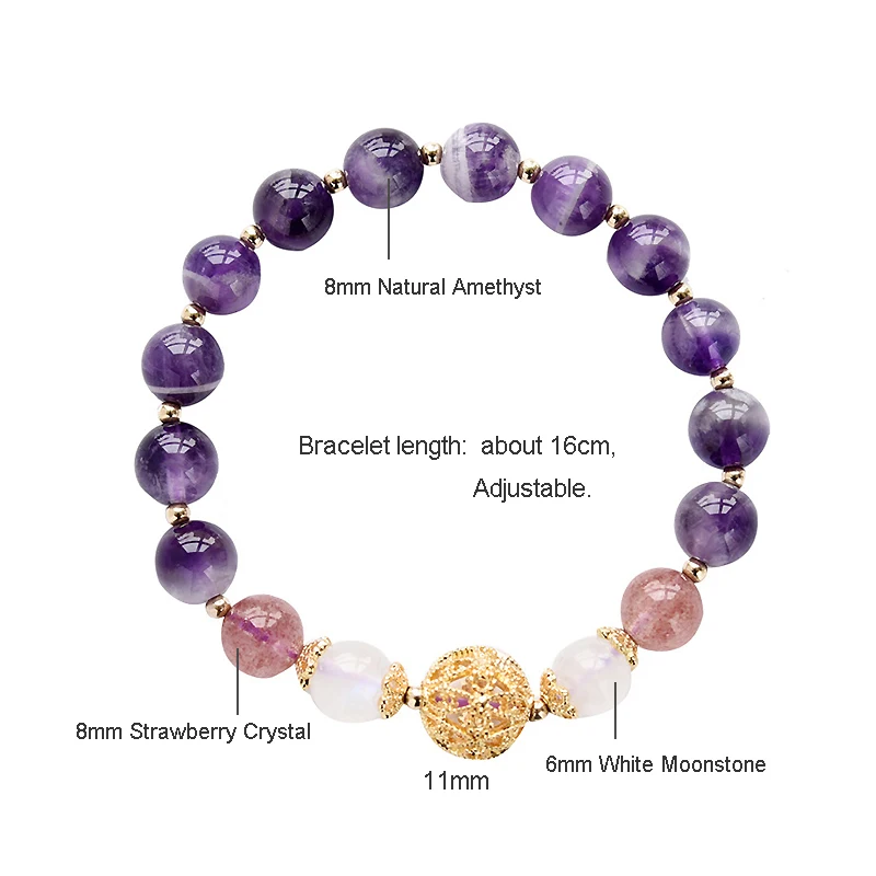 Gold Hollowed-out Bead Natrual Amethyst Strawberry Crystal White Moonstone Bracelet for Women Female Fine Jewelry YBR235