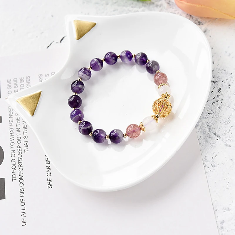 Gold Hollowed-out Bead Natrual Amethyst Strawberry Crystal White Moonstone Bracelet for Women Female Fine Jewelry YBR235