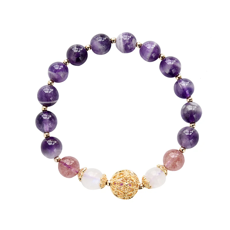 Gold Hollowed-out Bead Natrual Amethyst Strawberry Crystal White Moonstone Bracelet for Women Female Fine Jewelry YBR235