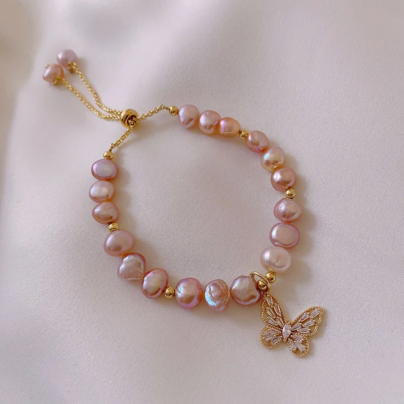 100% Natural Pink Freshwater Pearl Trendy Butterfly 14K Gold Filled Ladies Charm Bracelet Jewelry For Women Gifts Cheap