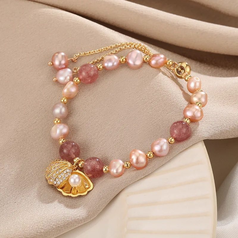 100% Pink Freshwater Pearl & Strawberry Quartz Trendy Shell Design 14K Gold Filled Female Charm Bracelets For Women Gifts