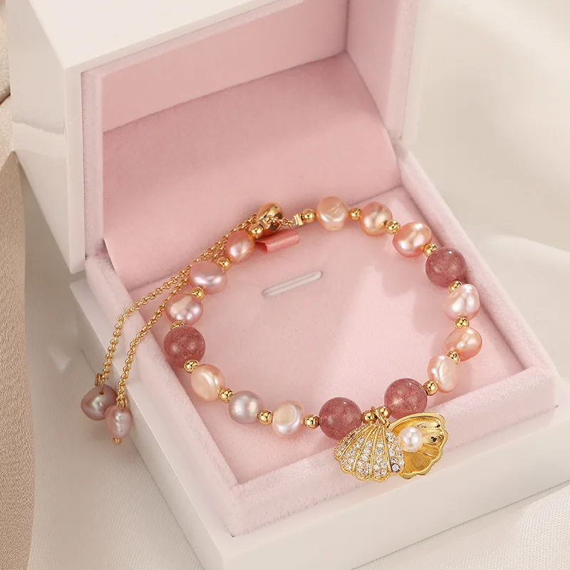 100% Pink Freshwater Pearl & Strawberry Quartz Trendy Shell Design 14K Gold Filled Female Charm Bracelets For Women Gifts