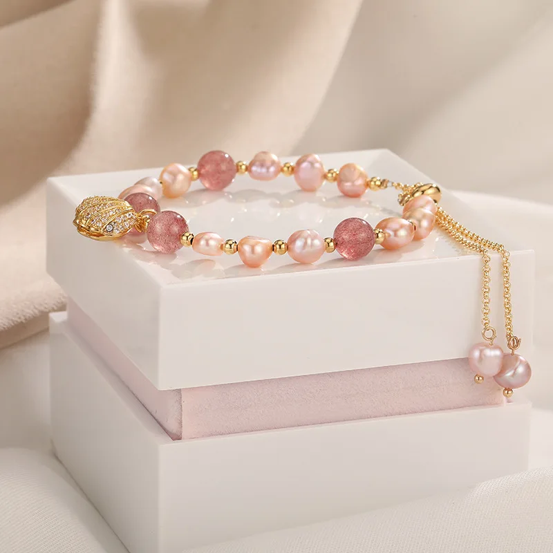 100% Pink Freshwater Pearl & Strawberry Quartz Trendy Shell Design 14K Gold Filled Female Charm Bracelets For Women Gifts