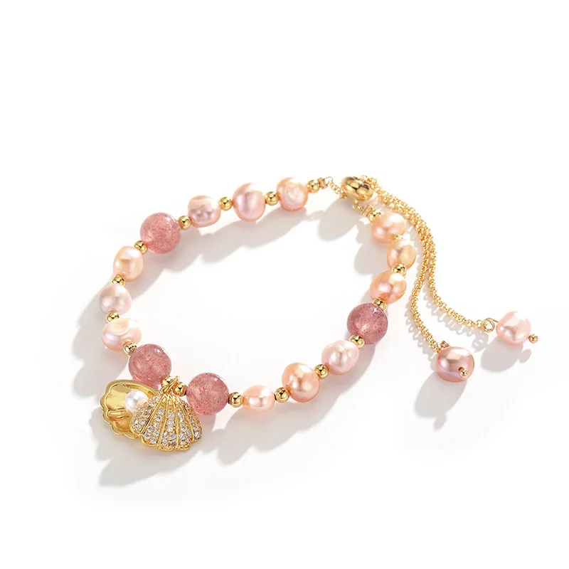 100% Pink Freshwater Pearl & Strawberry Quartz Trendy Shell Design 14K Gold Filled Female Charm Bracelets For Women Gifts