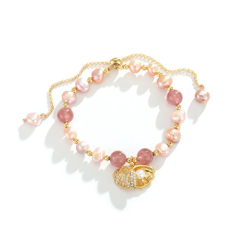 100% Pink Freshwater Pearl & Strawberry Quartz Trendy Shell Design 14K Gold Filled Female Charm Bracelets For Women Gifts