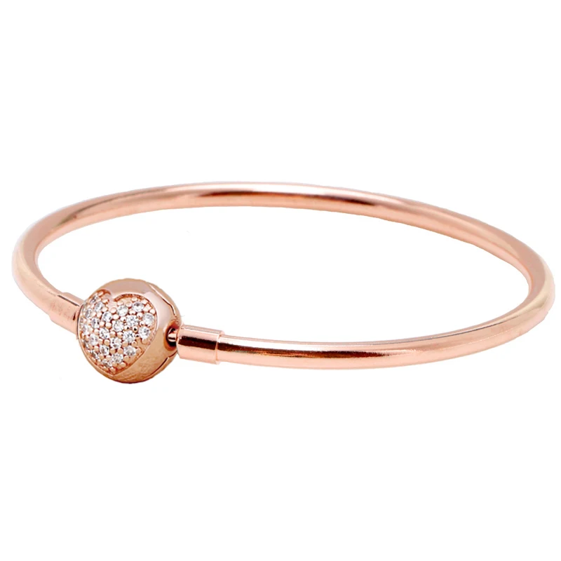 925 Sterling Silver Rose Gold Sparkling Pave Heart Barrel & Ball Bangle Bracelet Fit Popular Bead Charm DIY Jewelry