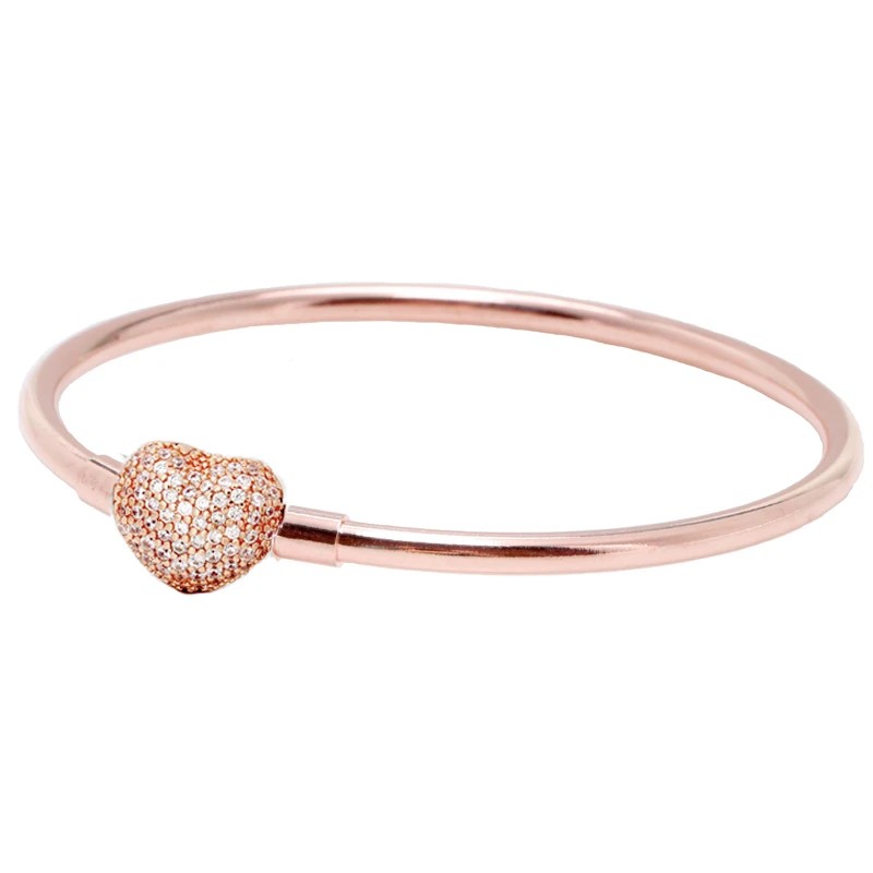 925 Sterling Silver Rose Gold Sparkling Pave Heart Barrel & Ball Bangle Bracelet Fit Popular Bead Charm DIY Jewelry