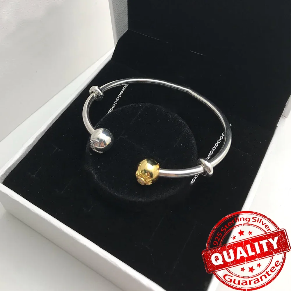 Luxury 14K Gold Sun & Moon Open Bangle Original Brand Moment Bracelet Fit 925 Sterling Silver Charm Girl Jewelry Set Accessories