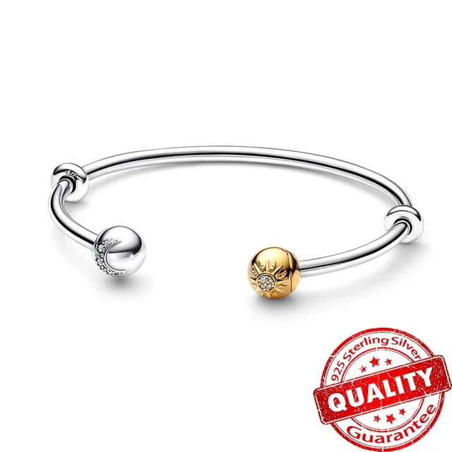 Luxury 14K Gold Sun & Moon Open Bangle Original Brand Moment Bracelet Fit 925 Sterling Silver Charm Girl Jewelry Set Accessories