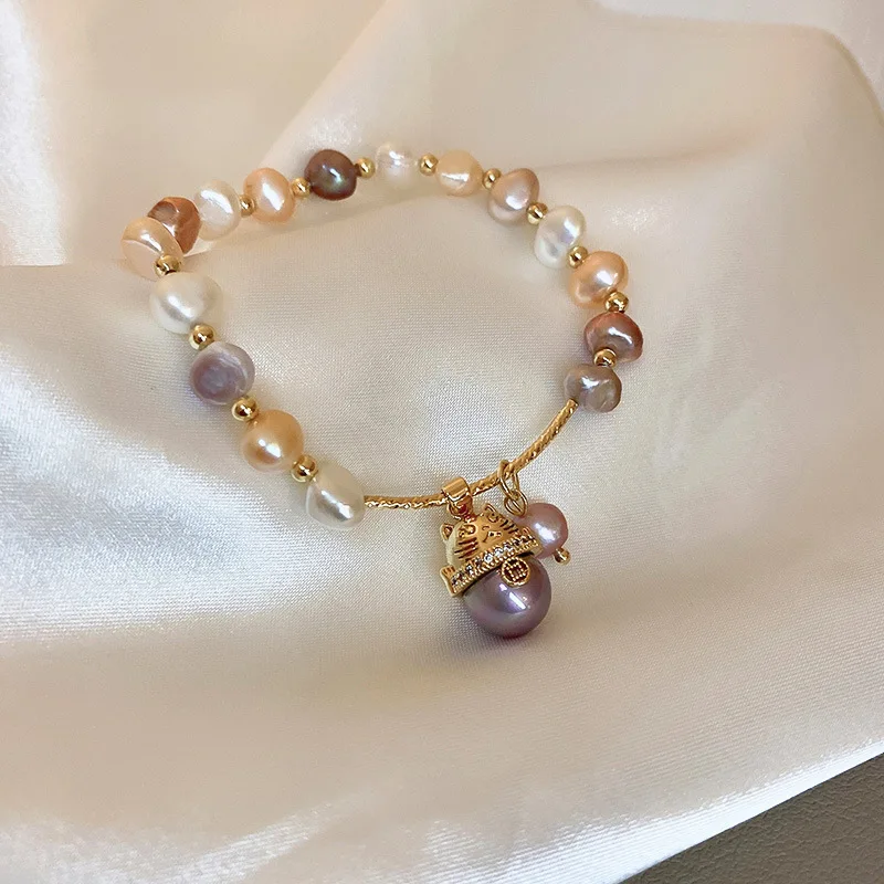 100% Natural Baroque Freshwater Pearl Trendy Cat Animal 14K Gold Filled Female Charm Bracelets Jewelry For Women Birthday Gifts