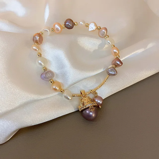 100% Natural Baroque Freshwater Pearl Trendy Cat Animal 14K Gold Filled Female Charm Bracelets Jewelry For Women Birthday Gifts