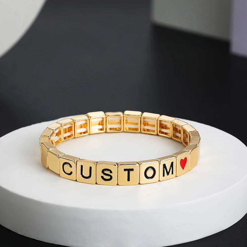 Personalized Custom Name Bracelet for Women Gold Color Metal Square Bead Letter Bracelets Handmade Jewelry Mom Couple Gifts