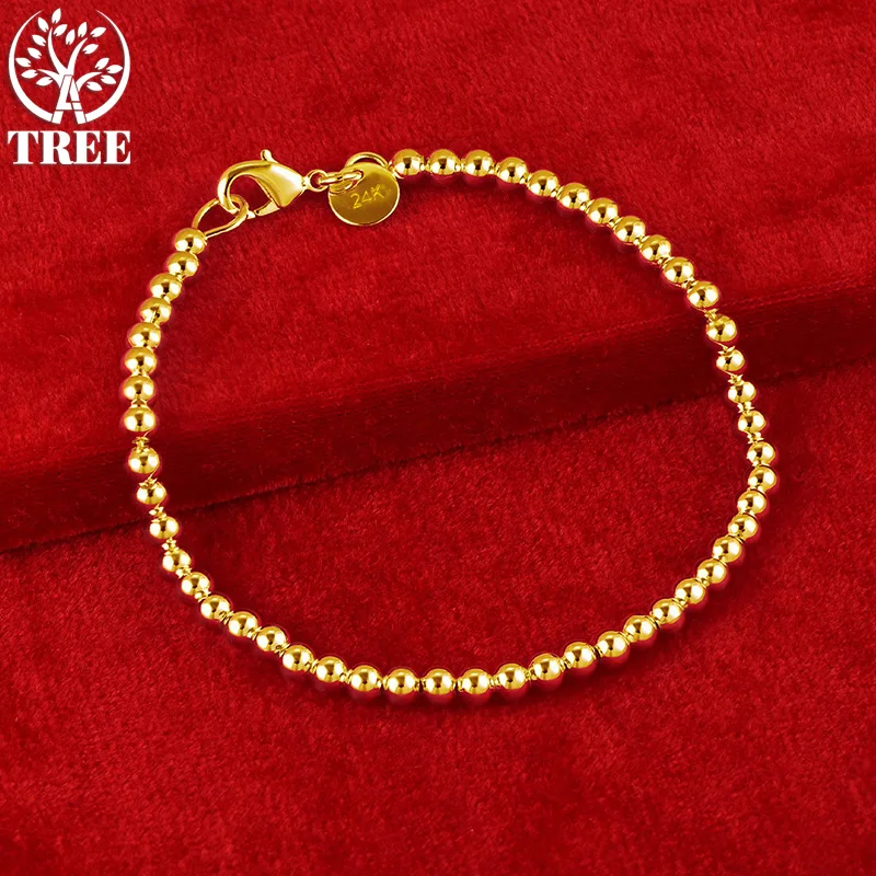 24K Yellow Gold 4mm Beads Chain Bracelet For Woman Party Wedding Fashion Jewelry Beautiful Lady Birthday Christmas Gifts