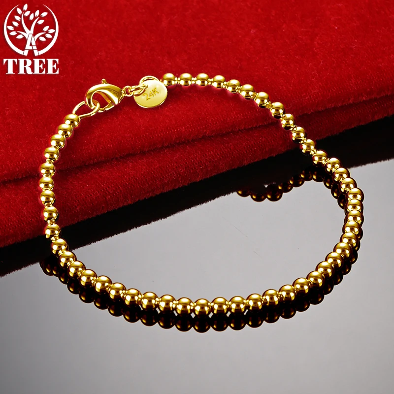 24K Yellow Gold 4mm Beads Chain Bracelet For Woman Party Wedding Fashion Jewelry Beautiful Lady Birthday Christmas Gifts