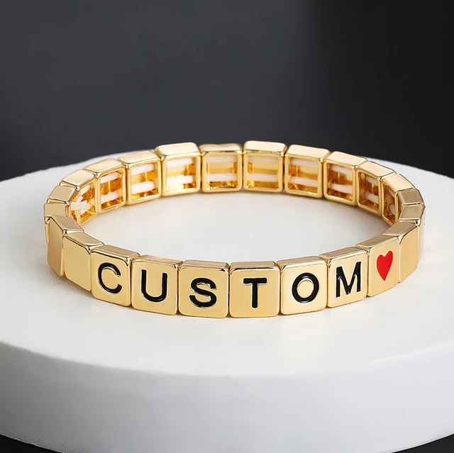 Personalized Custom Name Bracelet for Women Gold Color Metal Square Bead Letter Bracelets Handmade Jewelry Mom Couple Gifts