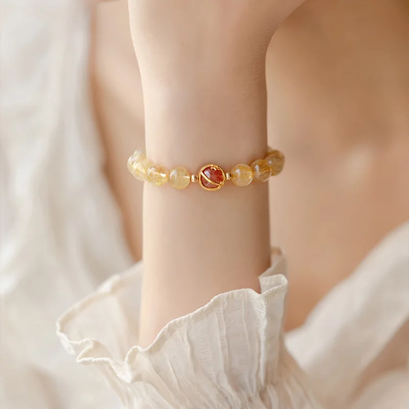 Ruifan Wealth Round/Star 6/8mm Natural Rutilated Quartz Strawberry Crystal Beaded Bracelet for Women Femme Fine Jewelry YBR803Pr