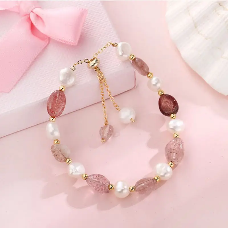 Best Sell Natural Baroque Freshwater Pearl & Strawberry Quartz 14K Gold Filled Female Charm Bracelet Jewelry For Women Gifts