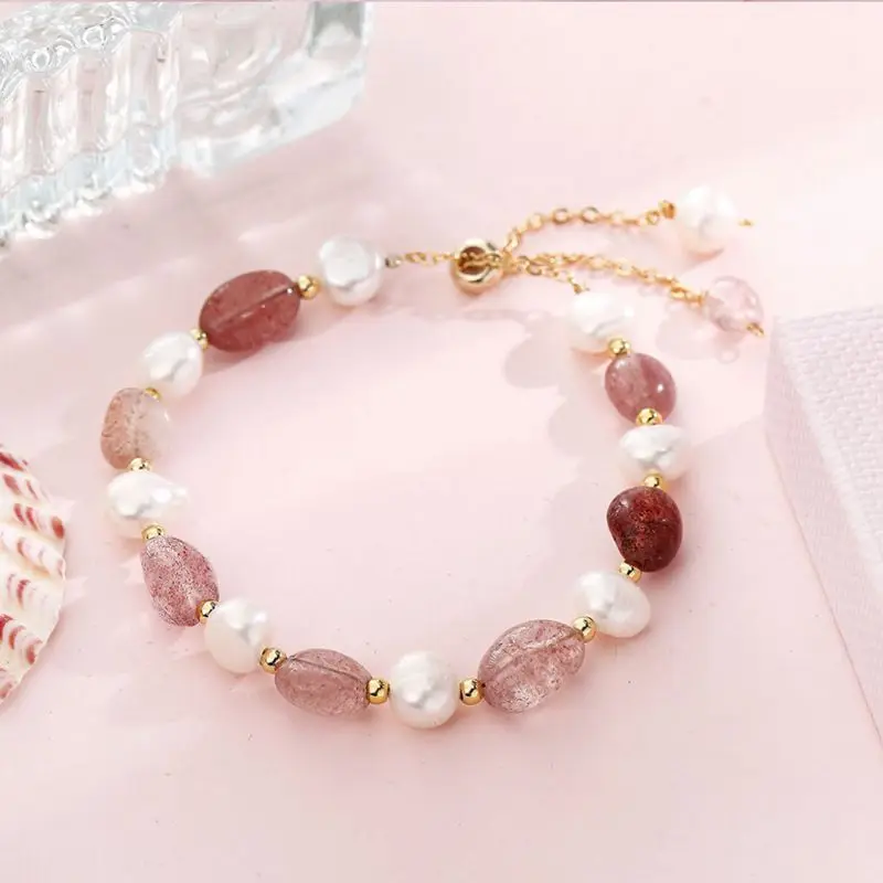 Best Sell Natural Baroque Freshwater Pearl & Strawberry Quartz 14K Gold Filled Female Charm Bracelet Jewelry For Women Gifts