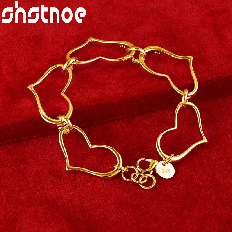 SHSTONE 24K Gold Big Heart Link Bracelets For Woman Party Wedding Engagement Christmas Fashion Jewelry Lovers Gift