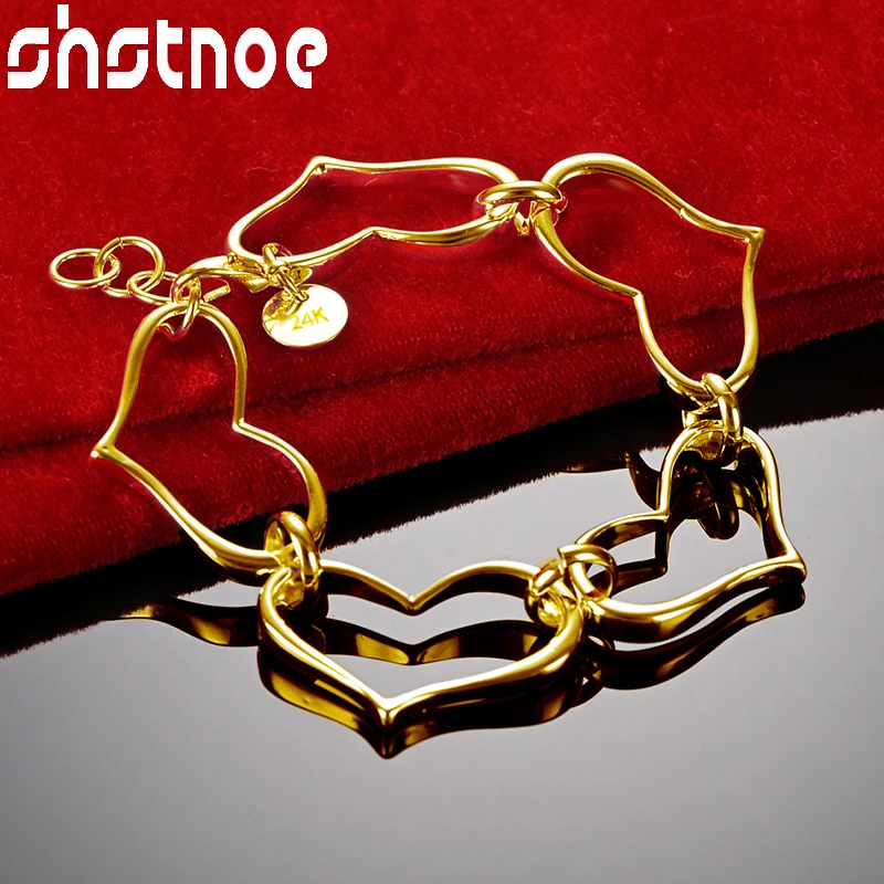 SHSTONE 24K Gold Big Heart Link Bracelets For Woman Party Wedding Engagement Christmas Fashion Jewelry Lovers Gift