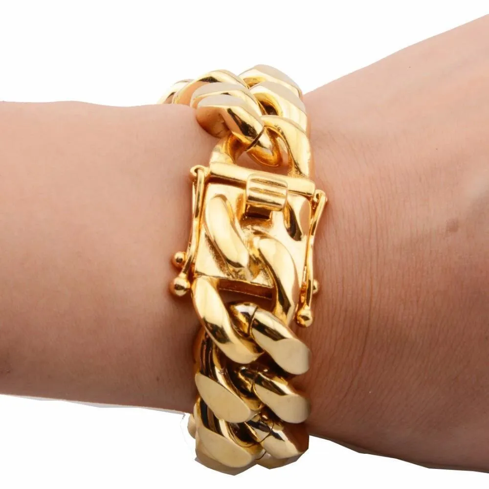 8/10/12/14/16/18mm Gold Color/Rose Gold Stainless Steel Curb Cuban Link Chain Bracelet Bangle Jewelry 7-11inch for Men Women