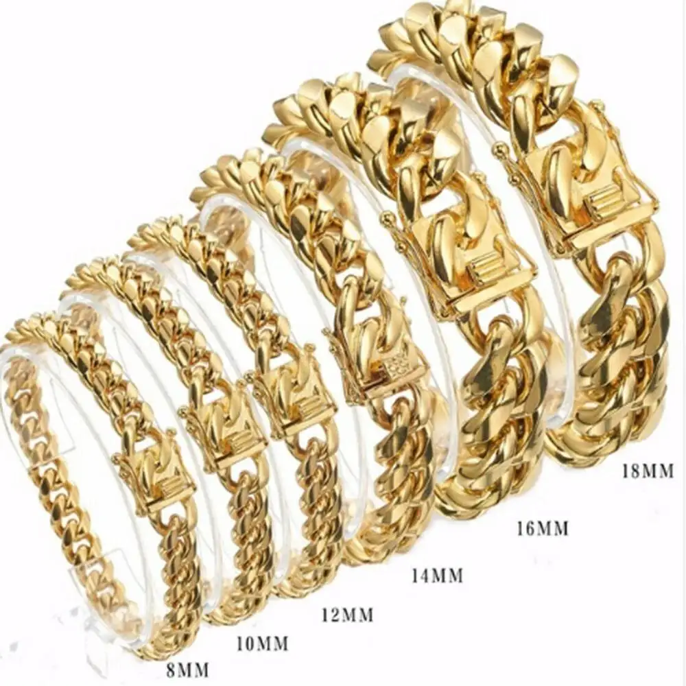 8/10/12/14/16/18mm Gold Color/Rose Gold Stainless Steel Curb Cuban Link Chain Bracelet Bangle Jewelry 7-11inch for Men Women