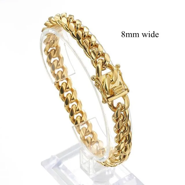 8/10/12/14/16/18mm Gold Color/Rose Gold Stainless Steel Curb Cuban Link Chain Bracelet Bangle Jewelry 7-11inch for Men Women