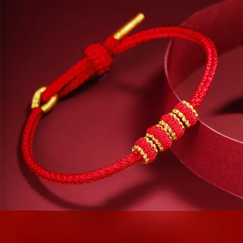 Natal Year Red Rope Bracelet Semi-Finished Products Beads Threading Hand-Woven Gold Lucky Beads Accessories DIY Carrying Strap