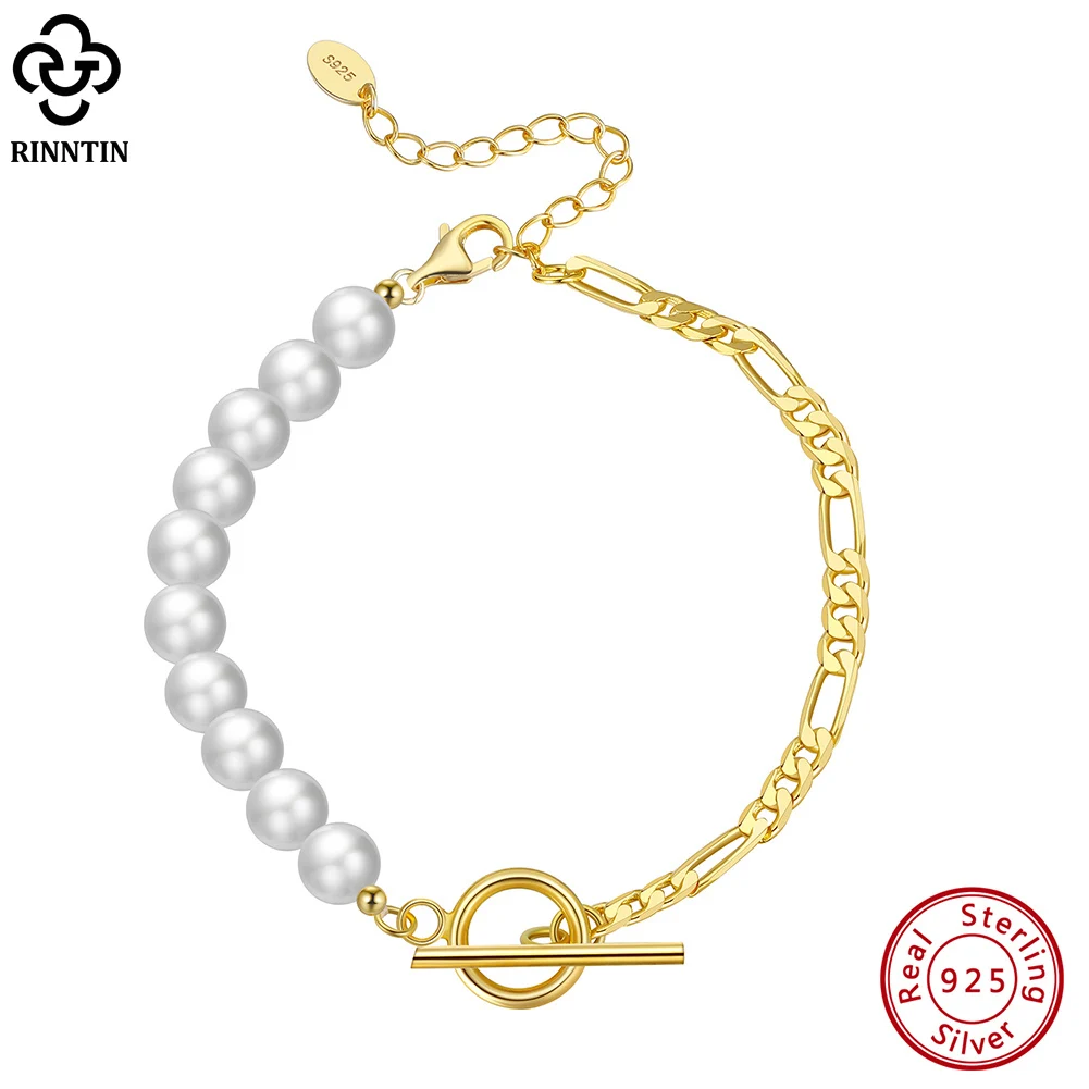 Rinntin Diamond Cut Figaro Link Chain Pearl Bracelet 14K Gold Sterling Silver OT Toggle Clasp Baroque Pearl Jewelry GPB06Product