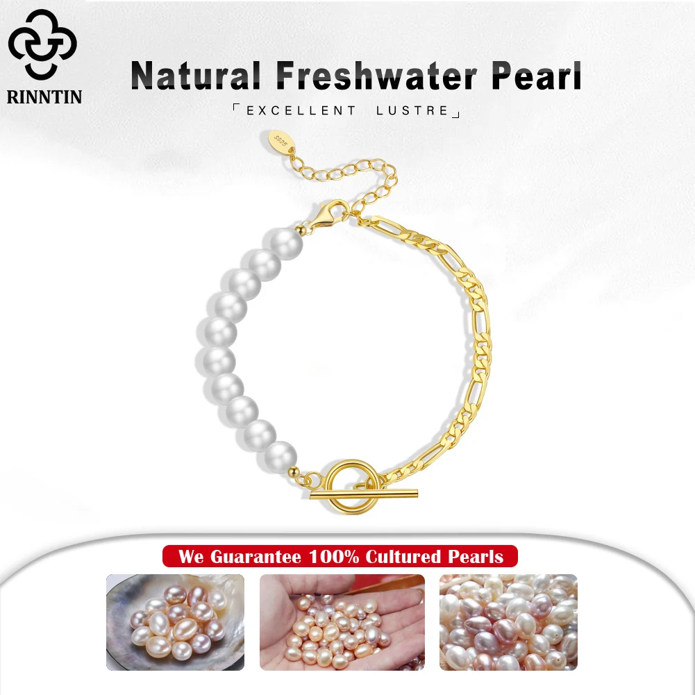 Rinntin Diamond Cut Figaro Link Chain Pearl Bracelet 14K Gold Sterling Silver OT Toggle Clasp Baroque Pearl Jewelry GPB06Product