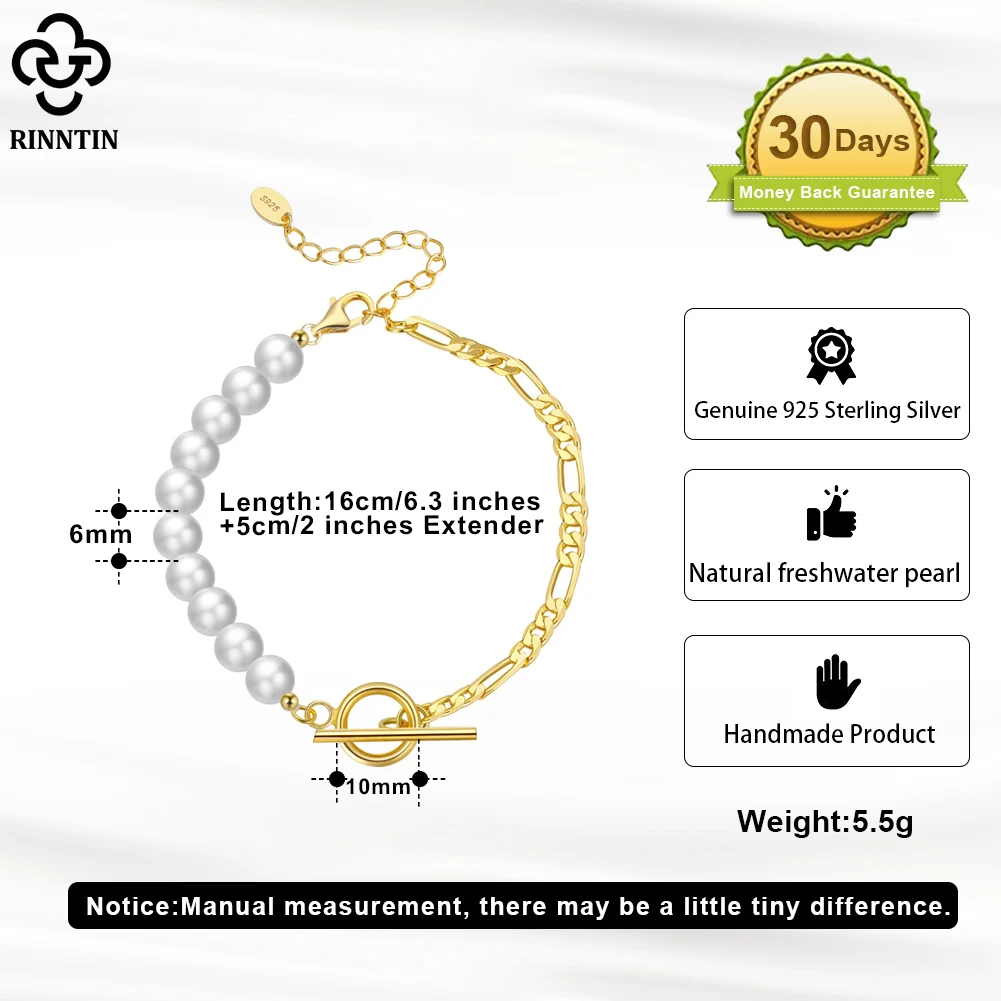 Rinntin Diamond Cut Figaro Link Chain Pearl Bracelet 14K Gold Sterling Silver OT Toggle Clasp Baroque Pearl Jewelry GPB06Product