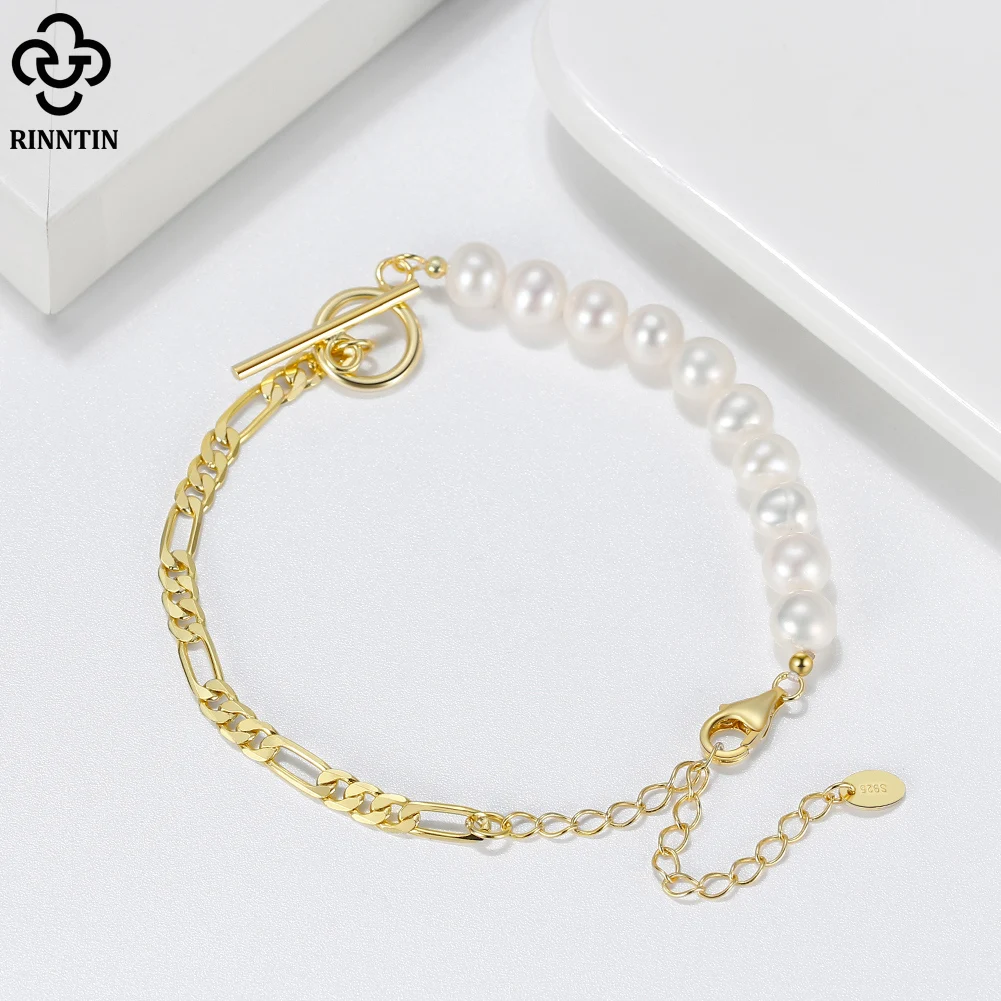 Rinntin Diamond Cut Figaro Link Chain Pearl Bracelet 14K Gold Sterling Silver OT Toggle Clasp Baroque Pearl Jewelry GPB06Product