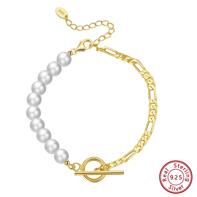 Rinntin Diamond Cut Figaro Link Chain Pearl Bracelet 14K Gold Sterling Silver OT Toggle Clasp Baroque Pearl Jewelry GPB06Product