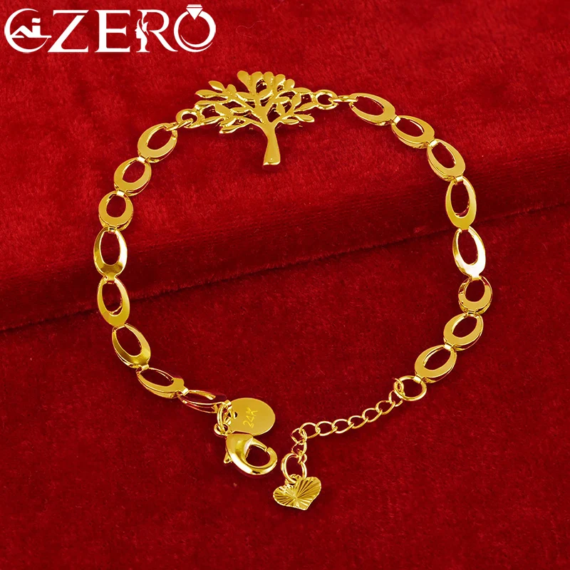 ALIZERO 24K Gold Tree of Life Pendant Bracelet Chain For Women Lady Charm Wedding Party Fashion Jewelry Christmas Gift