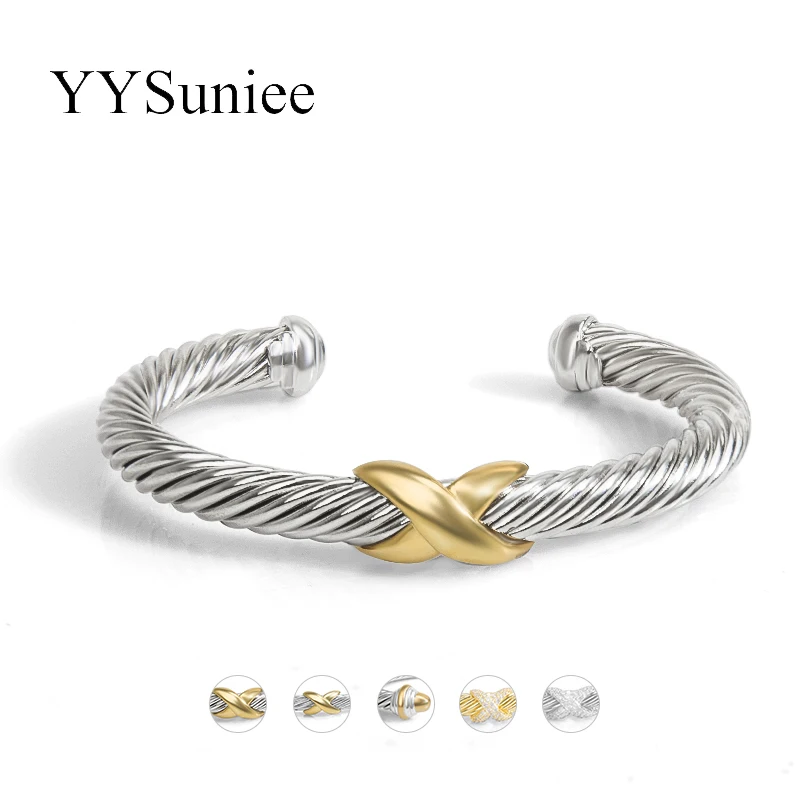 YYSuniee 18K Gold-plated Jewelry Designer Twisted Cable Wire Cuff Bangles for Women Luxury Brand Bracelet Christmas Gift