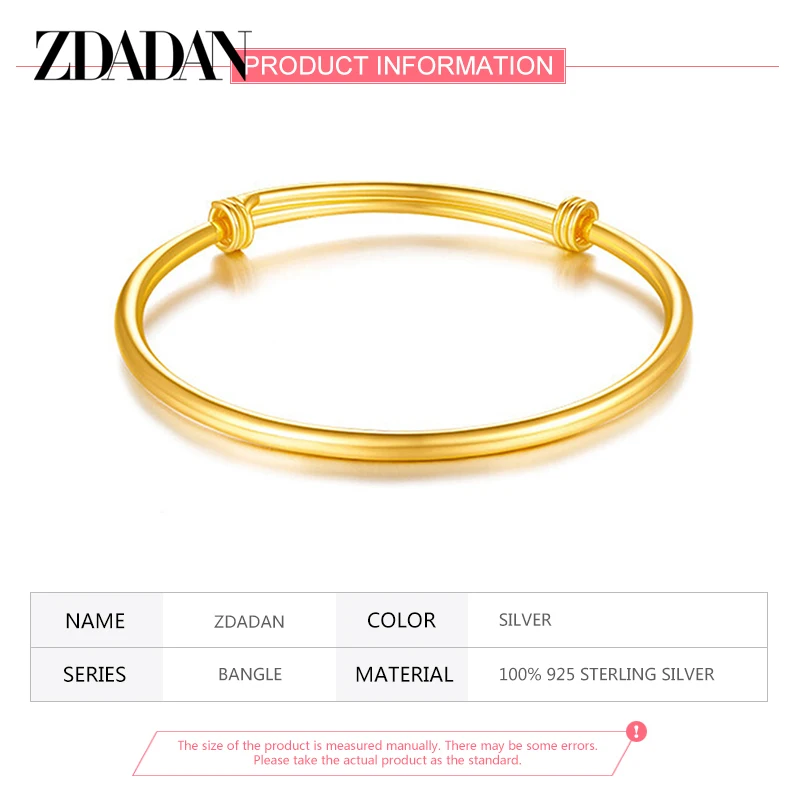 ZDADAN 925 Sterling Silver 18K Gold Adjustable Bracelet Bangle For Women Fashion Jewelry