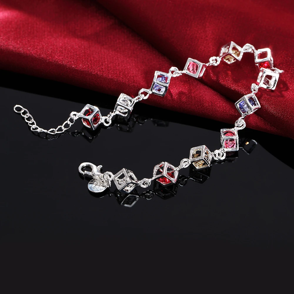 Hot color crystal lattice chain 925 sterling Silver Bracelets for women Wedding party girl Christmas Gifts fashion Wild Jewelry