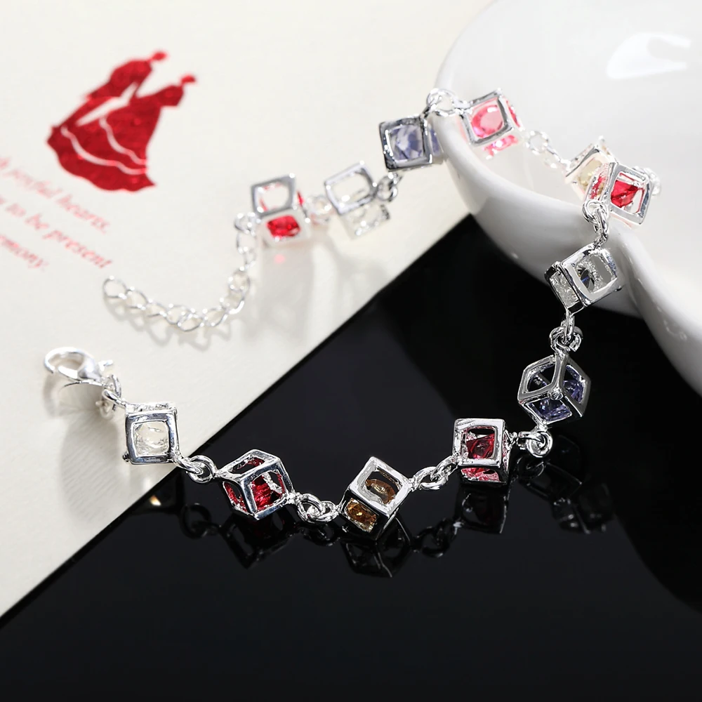 Hot color crystal lattice chain 925 sterling Silver Bracelets for women Wedding party girl Christmas Gifts fashion Wild Jewelry