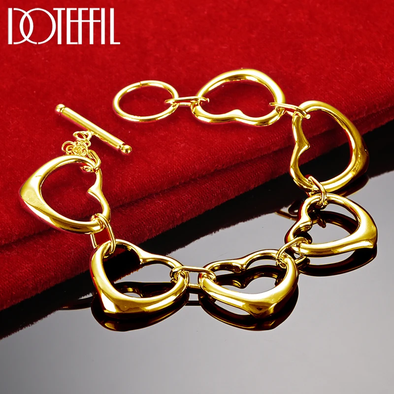 DOTEFFIL 925 Sterling Silver 24K Gold Six Heart Chain Bracelet For Woman Charm Wedding Engagement Fashion Party JewelryProduct s