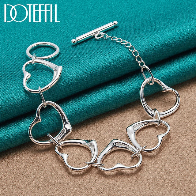 DOTEFFIL 925 Sterling Silver 24K Gold Six Heart Chain Bracelet For Woman Charm Wedding Engagement Fashion Party JewelryProduct s