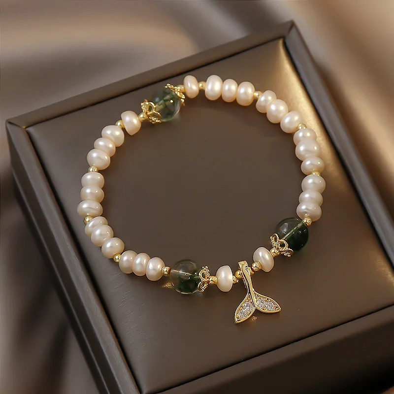 Arrival Elegant Fish Tail Natural Freshwater Pearl & Crystal 14K Gold Filled Female Charm Bracelet Jewelry For Women Gifts