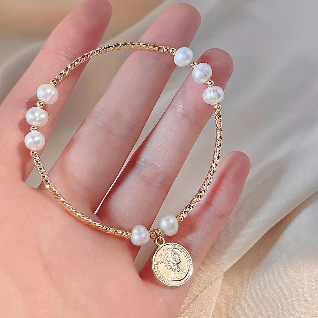 Elegant Queen's Head Coin 14K Gold Filled Natural Freshwater Pearl Ladies Charm Bracelet No Fade Cheap Gifts Women