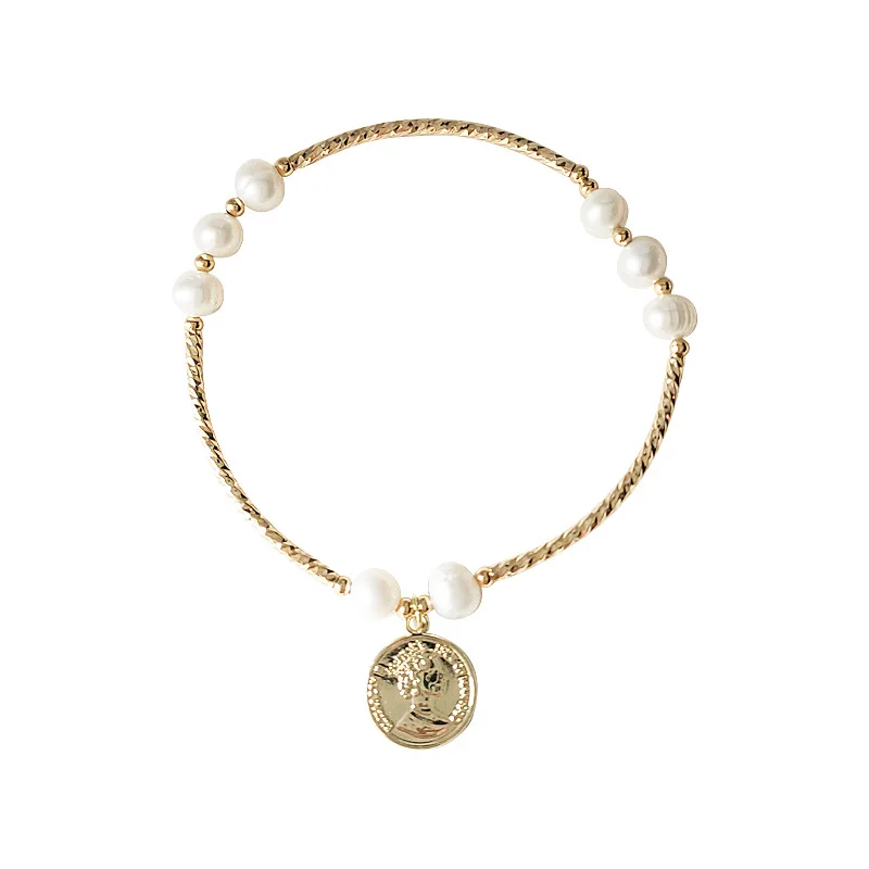 Elegant Queen's Head Coin 14K Gold Filled Natural Freshwater Pearl Ladies Charm Bracelet No Fade Cheap Gifts Women