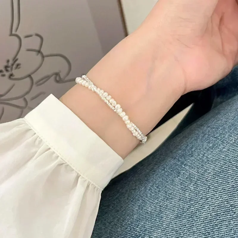 925 Sterling Silver Bracelet Double Layer Pearl Bracelet for Women Girl Vintage Luxury Design Bead Korean Jewelry Charm Bracelet