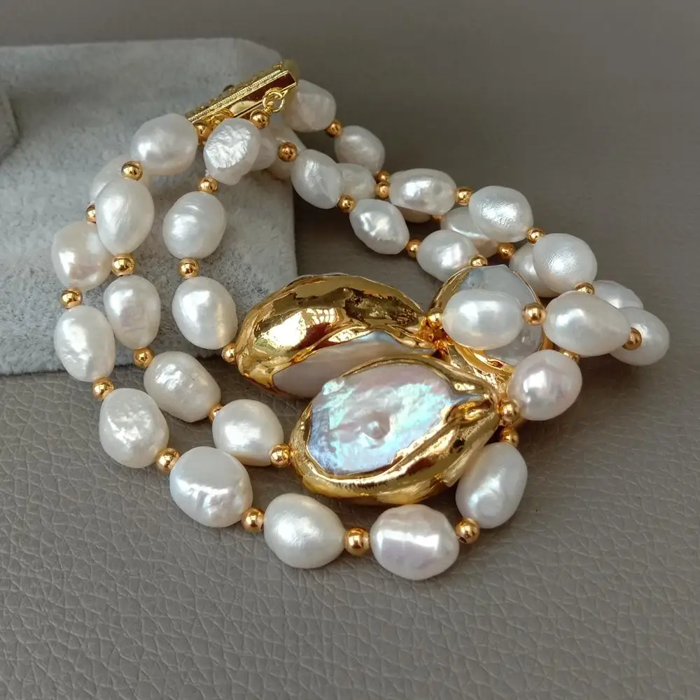 YYGEM 8'' 3 Strands Cultured White Baroque freshwater Pearl White Keshi Pearl Strand Bracelet for handmade classic wedding