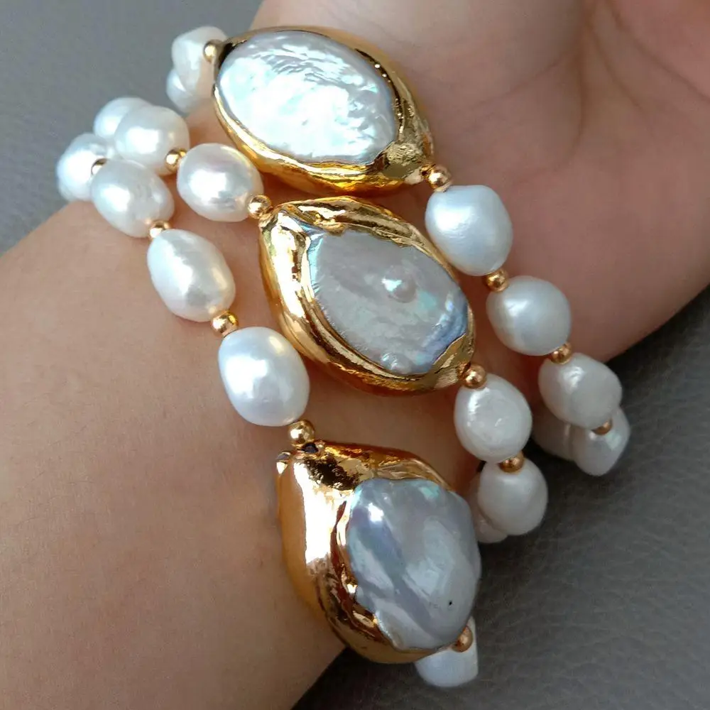 YYGEM 8'' 3 Strands Cultured White Baroque freshwater Pearl White Keshi Pearl Strand Bracelet for handmade classic wedding