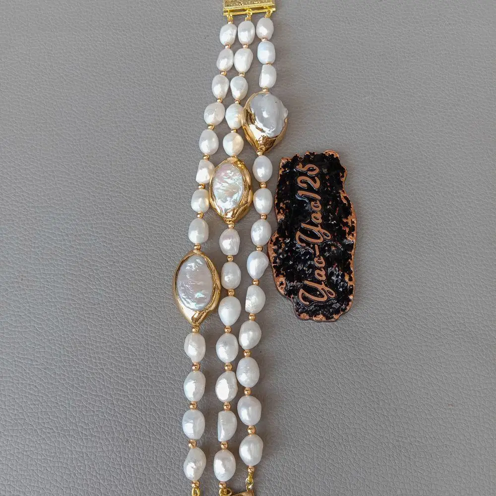 YYGEM 8'' 3 Strands Cultured White Baroque freshwater Pearl White Keshi Pearl Strand Bracelet for handmade classic wedding