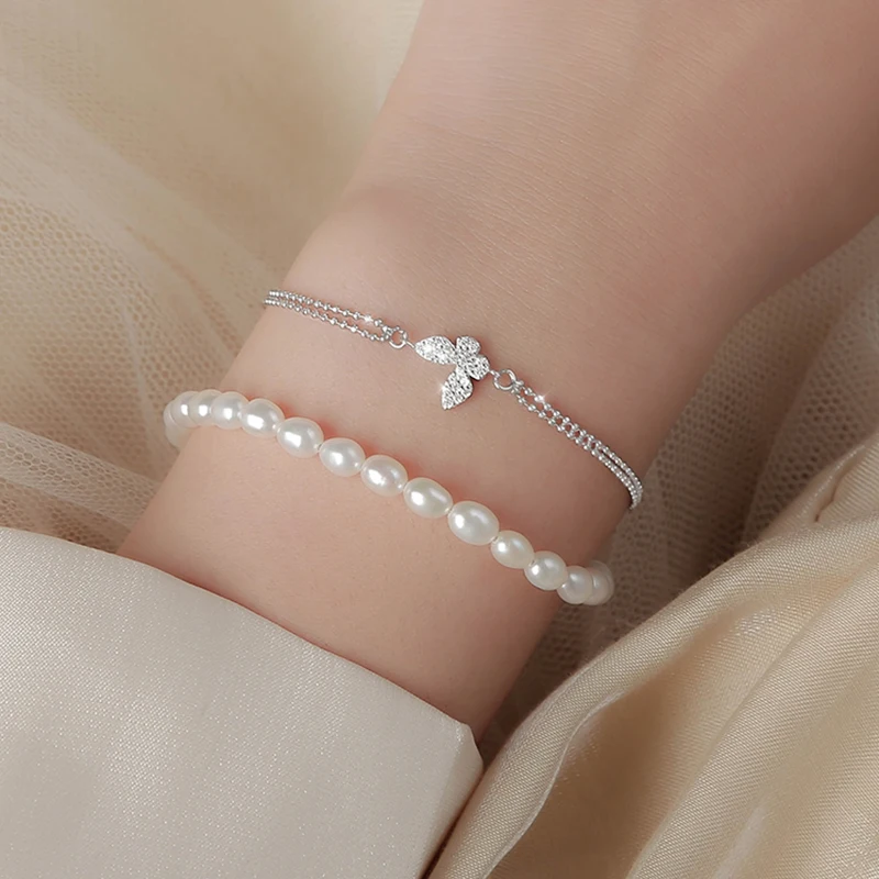 925 Sterling Silver Double Layer Butterfly Bracelet Shiny Zircon Round Beads Bracelet Ladies Students Exquisite Gift Jewelry
